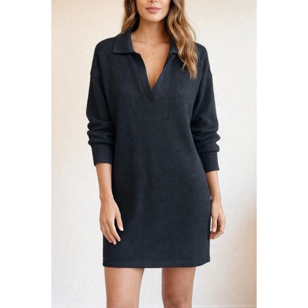 Farm Rio Ribbed Collared Sweater Dress Black Size L - Picture 1 of 7